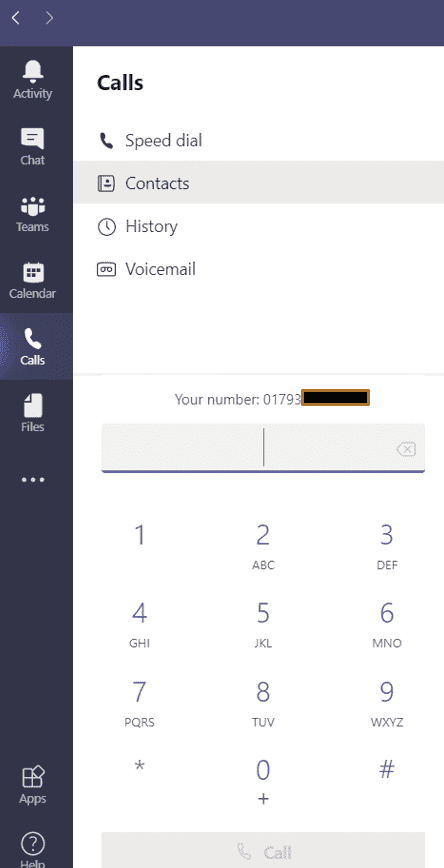 Screengrab of Calls tab in Microsoft Teams with 'Contacts' option selected and keypad visible
