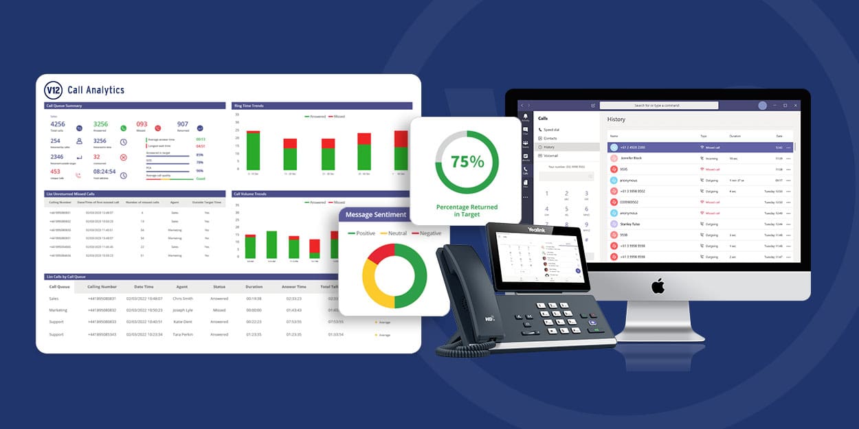 V12 Call Analytics dashboard shown in use with deskphone and desktop computer